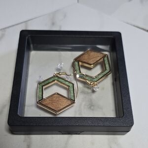Geometric Green and Gold Earrings